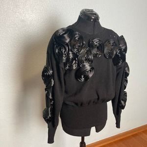 L Vintage Antonella Preve Black Statement Rose Flower Sweater Top Long Sleeve